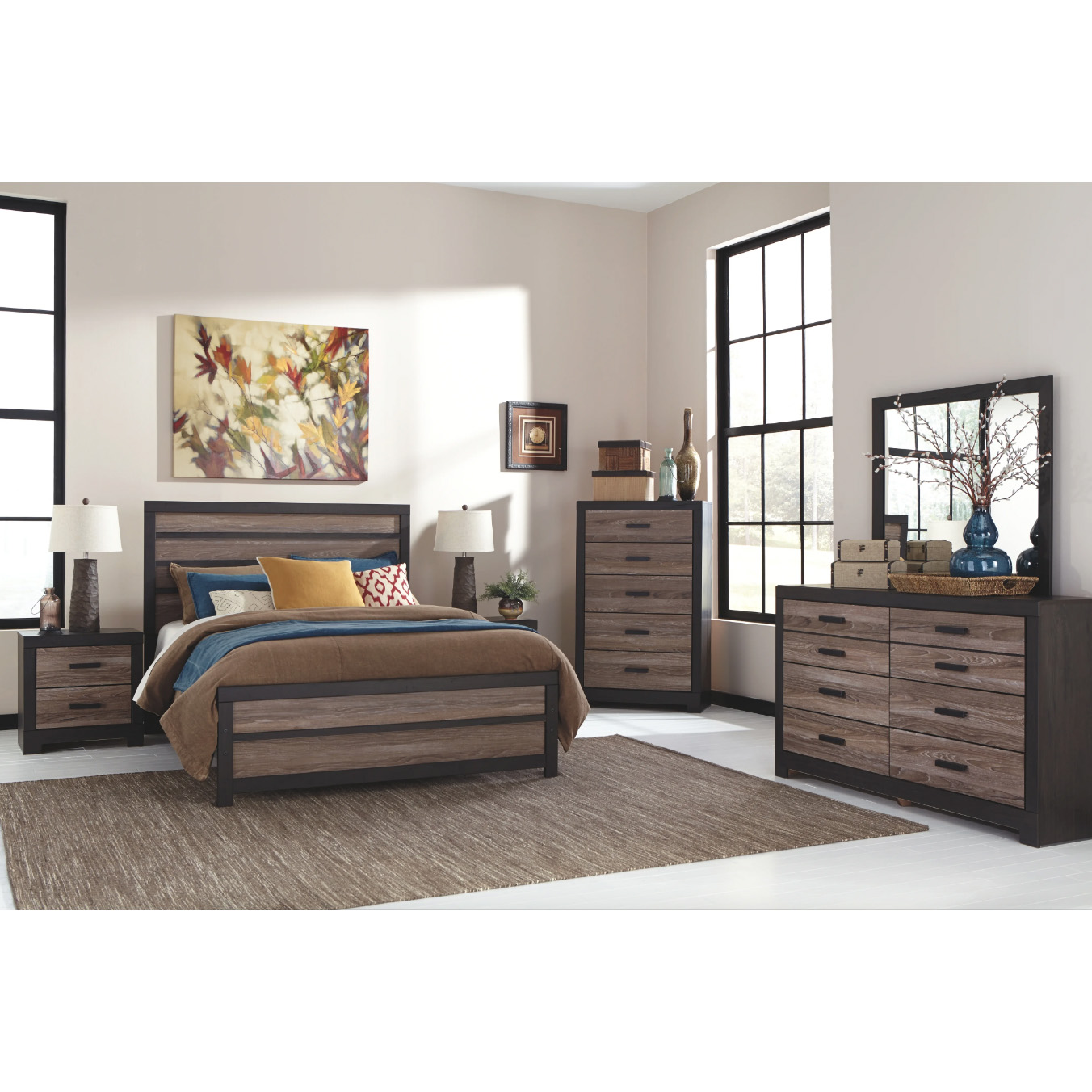 Harlinton - Warm Gray/Charcoal - 6 Pc. - Dresser, Mirror, Chest & Queen Panel Bed